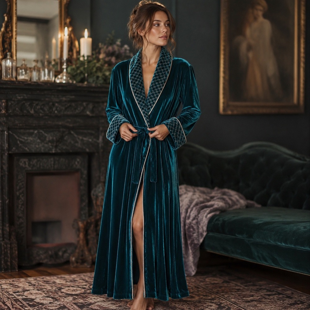 Miss Elaine Velvet Long Robe Womens Large NWT Teal Embroidered Luxury Whimsigoth